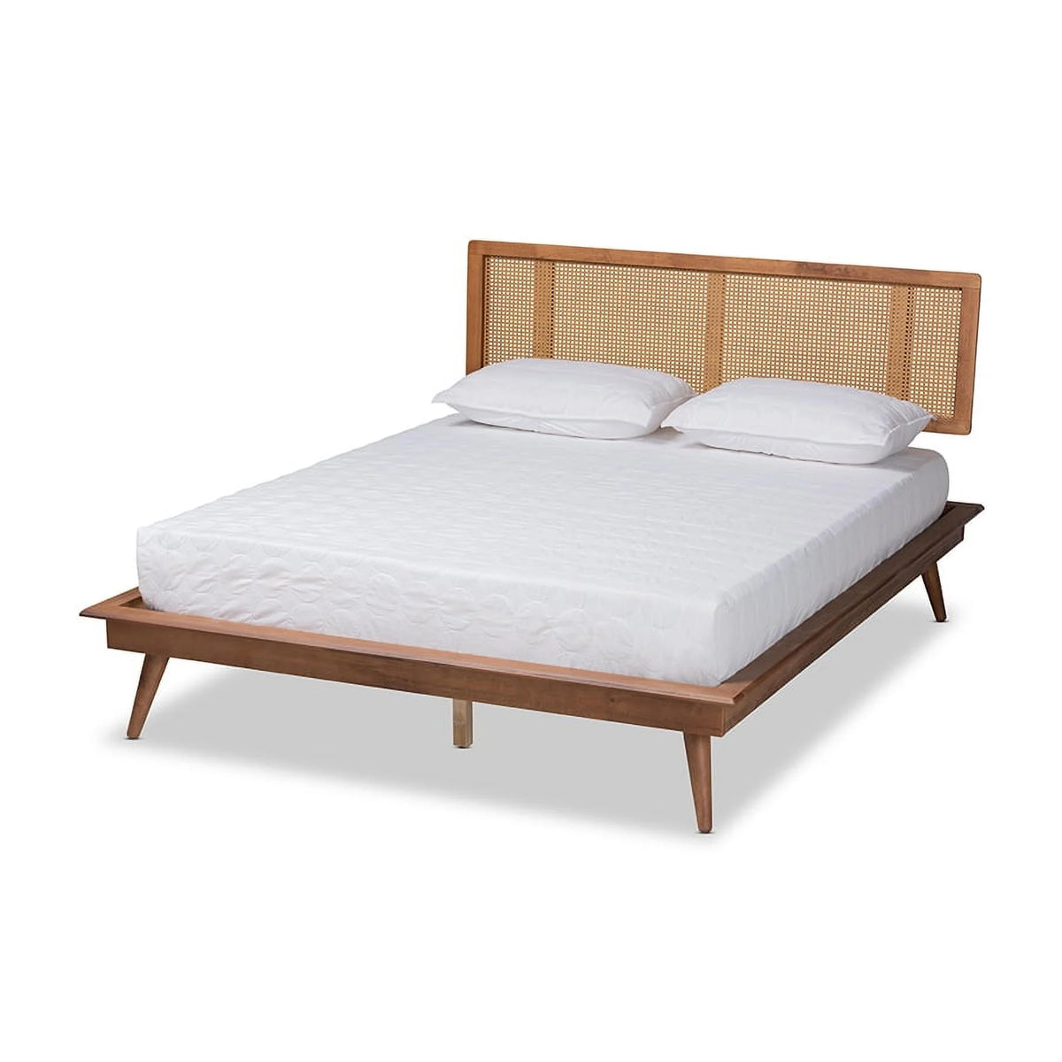 Walnut Brown Wood and Synthetic Rattan Full Size Platform Bed V989