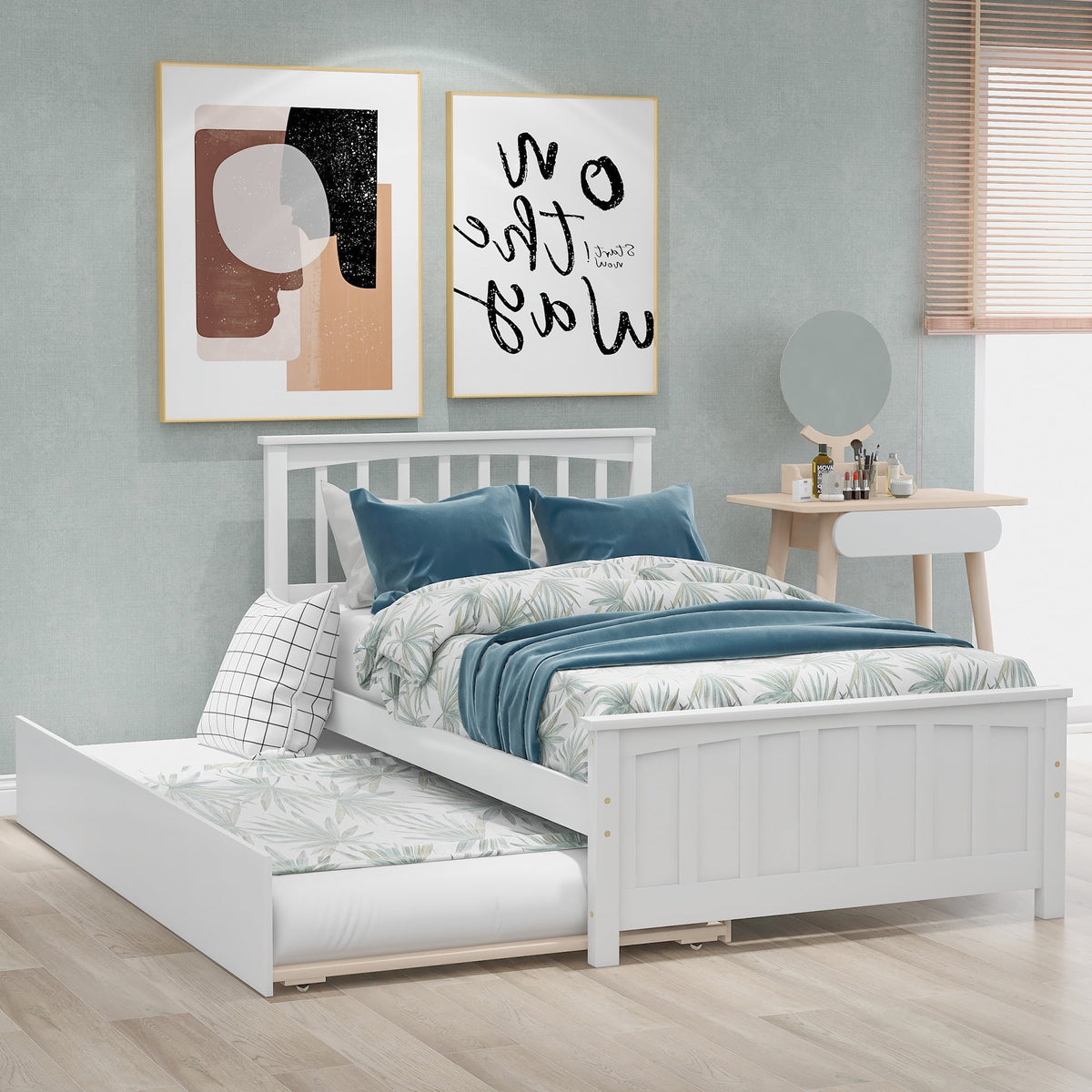 White Solid Wood Twin Platform Bed with Trundle P186