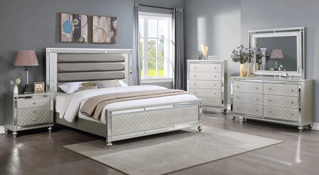 6pc Queen Size Upholstery LED Bed Dresser Mirror Nightstand Chest Wooden Bedroom Furniture Set M6734