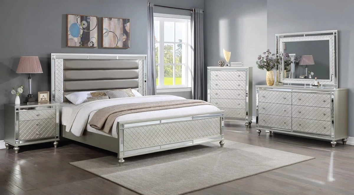 6pc Queen Size Upholstery LED Bed Dresser Mirror Nightstand Chest Wooden Bedroom Furniture Set M6734
