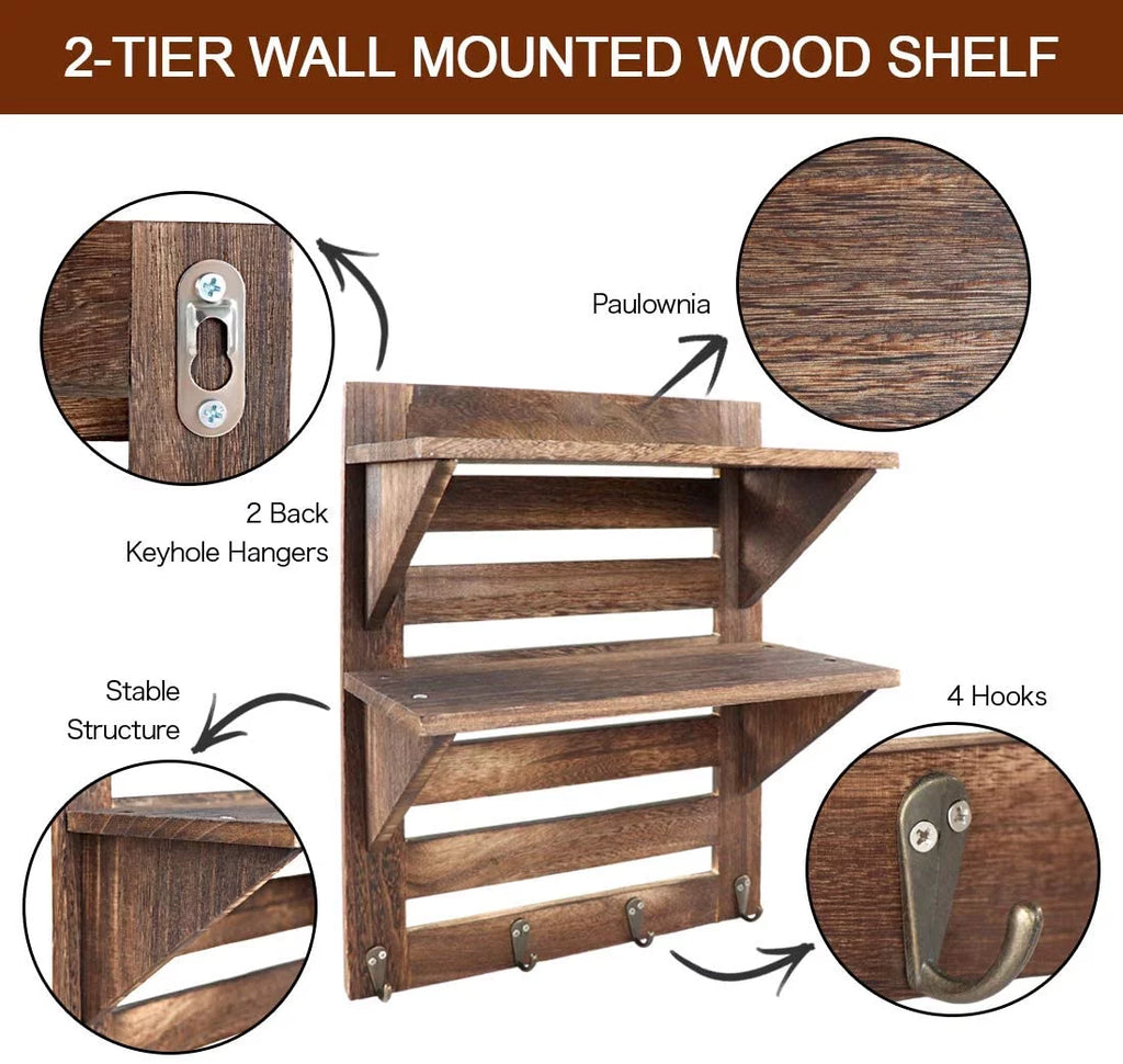Rustic Wooden 2-Tier Wall Mounted Shelves with 4 Hooks X596695