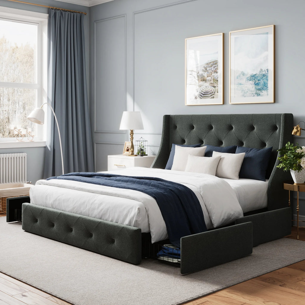 Grey Queen Size Platform Bed Frame with 4 Storage Drawers C419