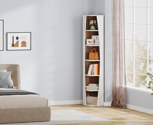 White and Walnut 6-Tier Corner Bookcase H3267