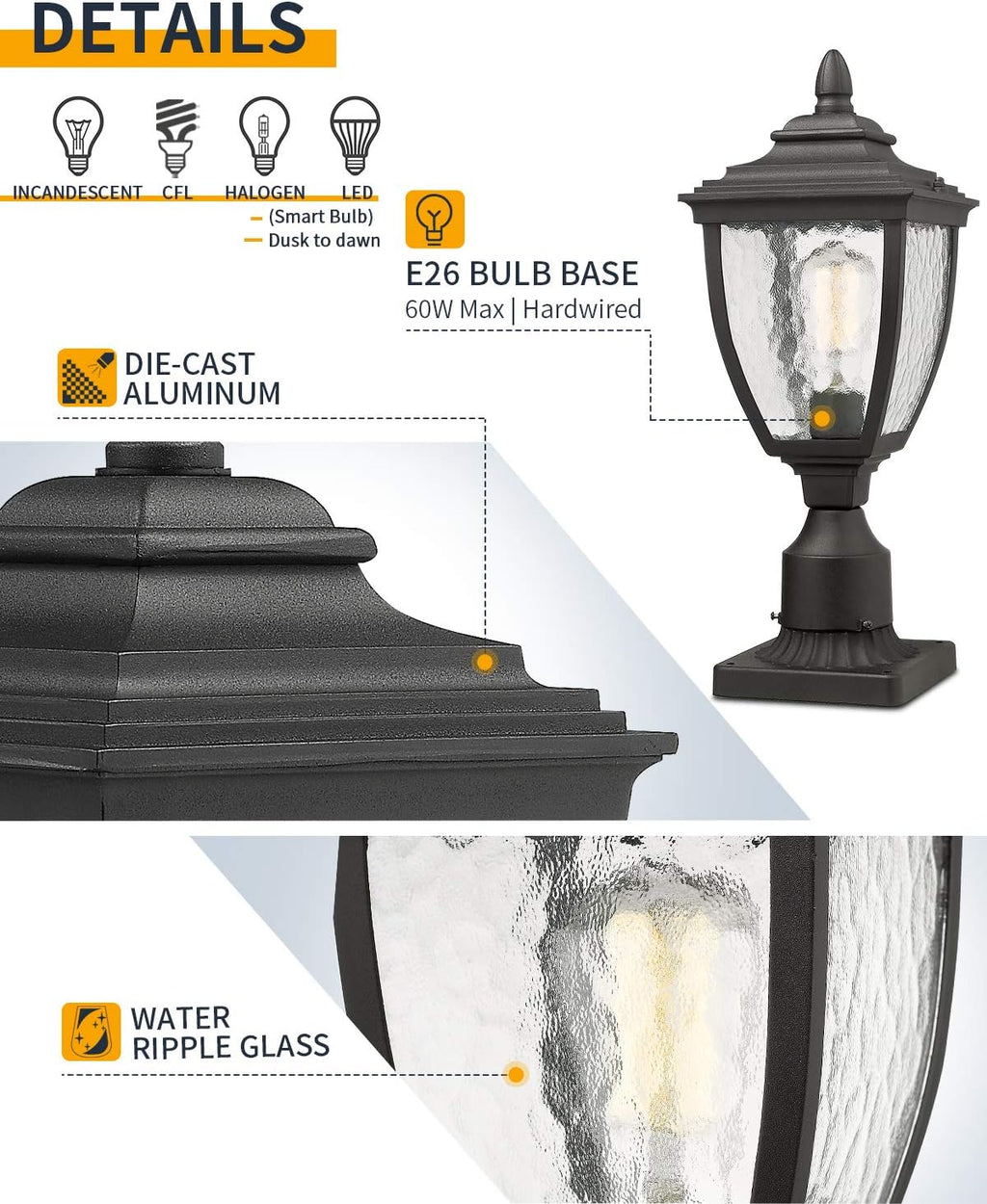 Sand Textured Black Die-cast Aluminum Outdoor Post Light A125
