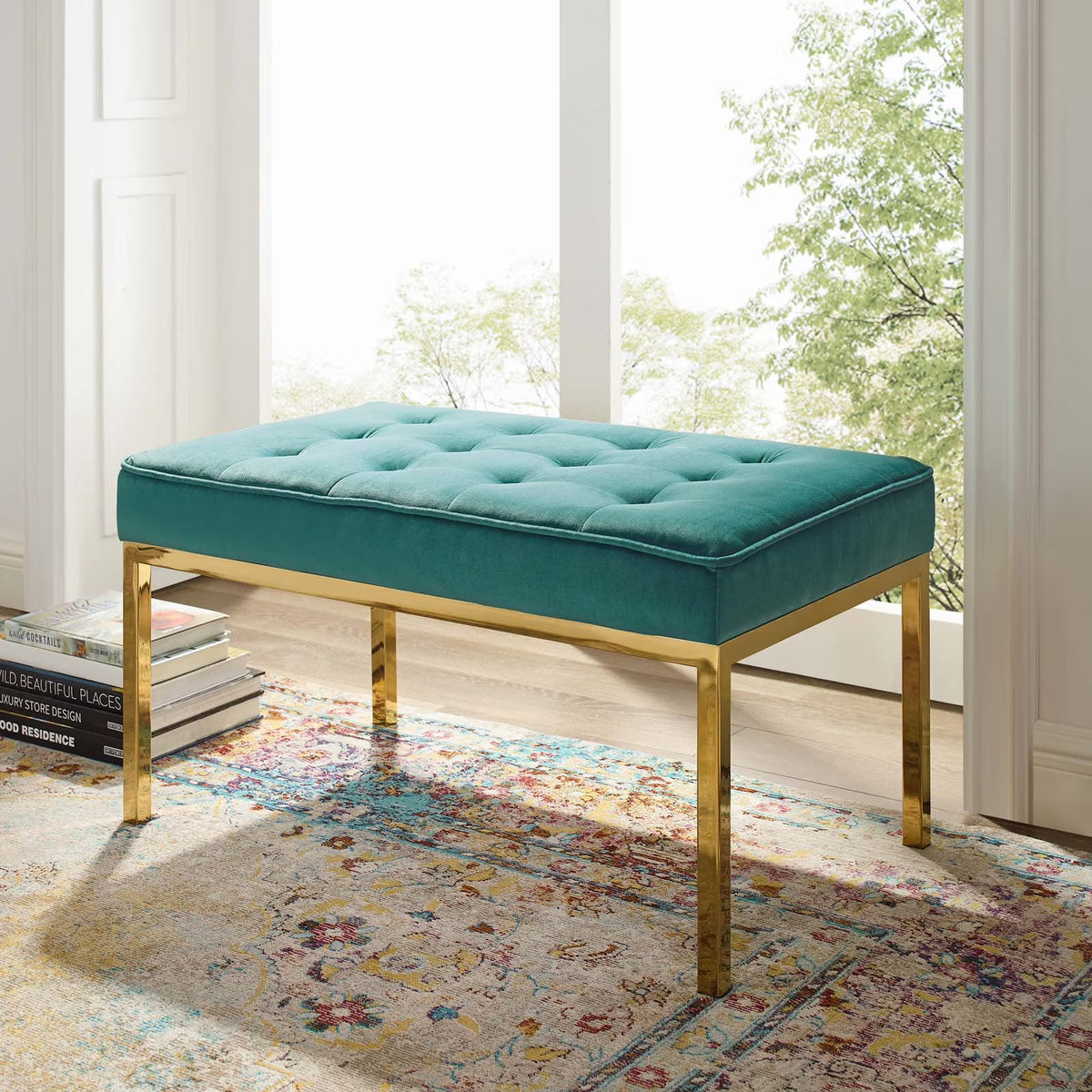 Teal Performance Velvet Bench with Gold Stainless Steel Leg S1361