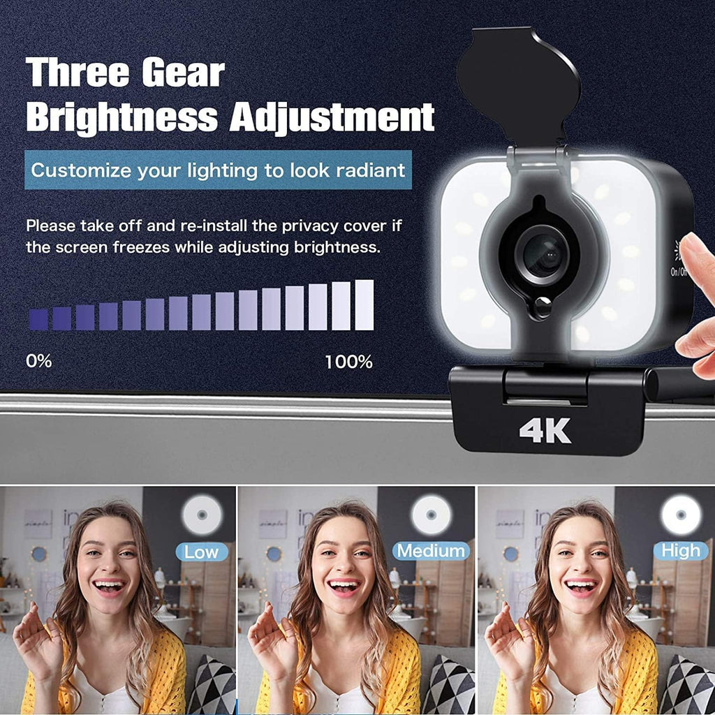 4K Webcam with Light, AutoFocus, Privacy Cover, USB Web Camera, Dual Stereo Microphone, Pack of 2 M213223