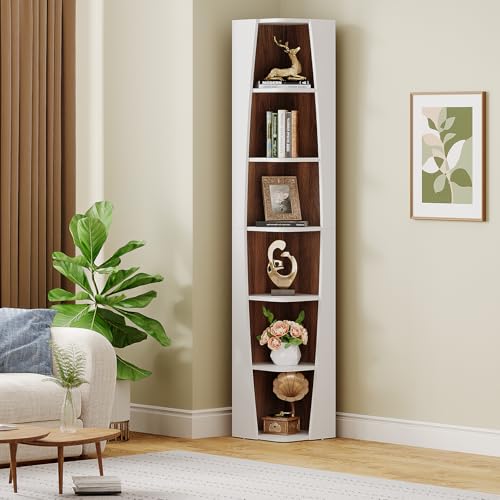 White and Walnut 6-Tier Corner Bookcase H3267