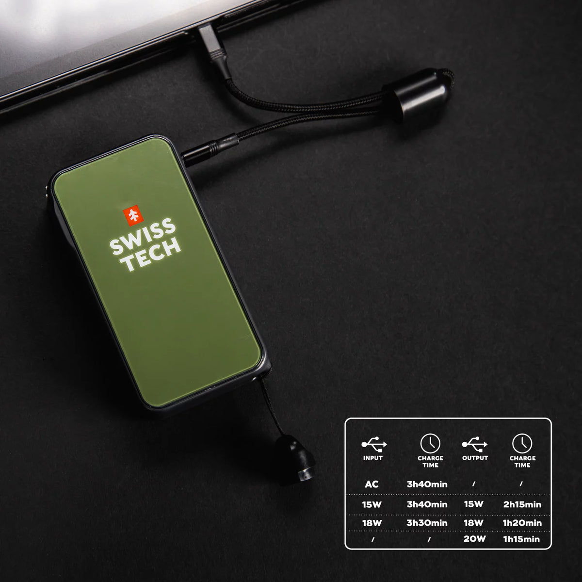 10000 mAh Portable Power Bank with Built-in Charging Cord X156