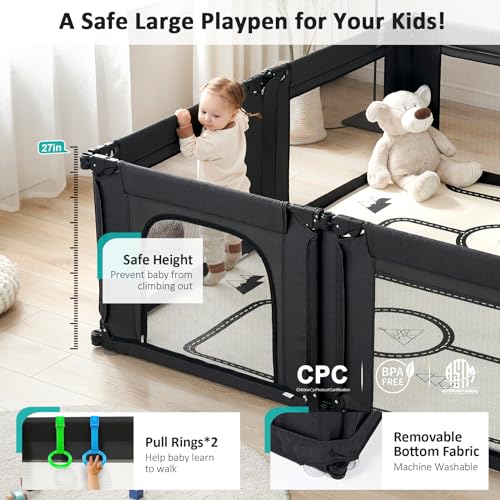 Black Adjustable Large Baby Playpen with Breathable Mesh G8968