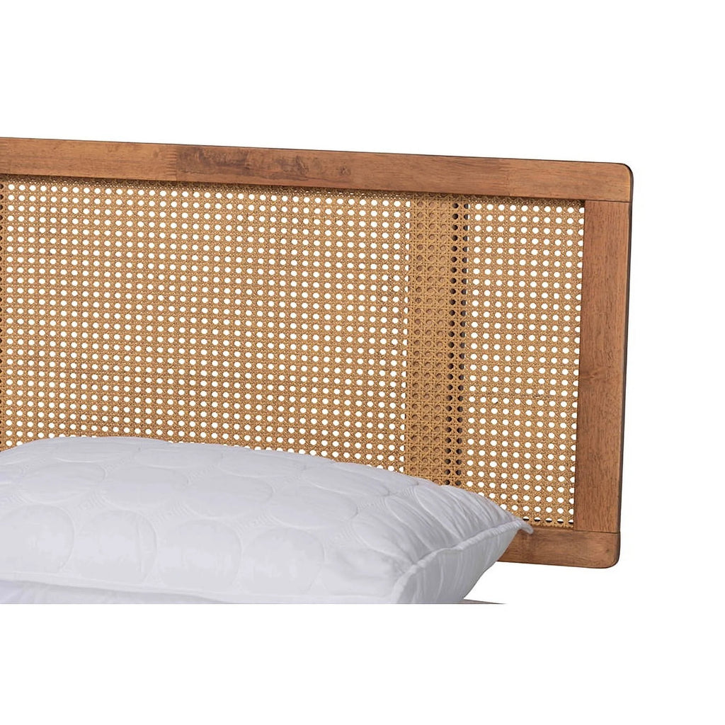 Walnut Brown Wood and Synthetic Rattan Full Size Platform Bed V989