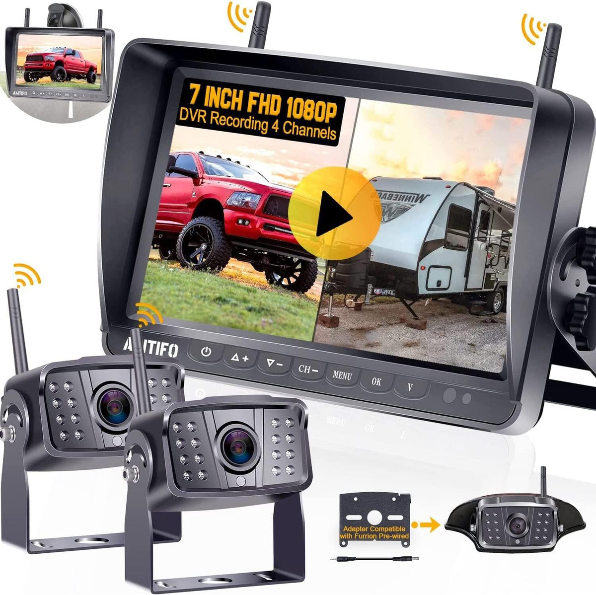 Wireless HD 1080P 7 Inch DVR Monitor Backup Camera System for Travel Trailer Truck Camper T856395