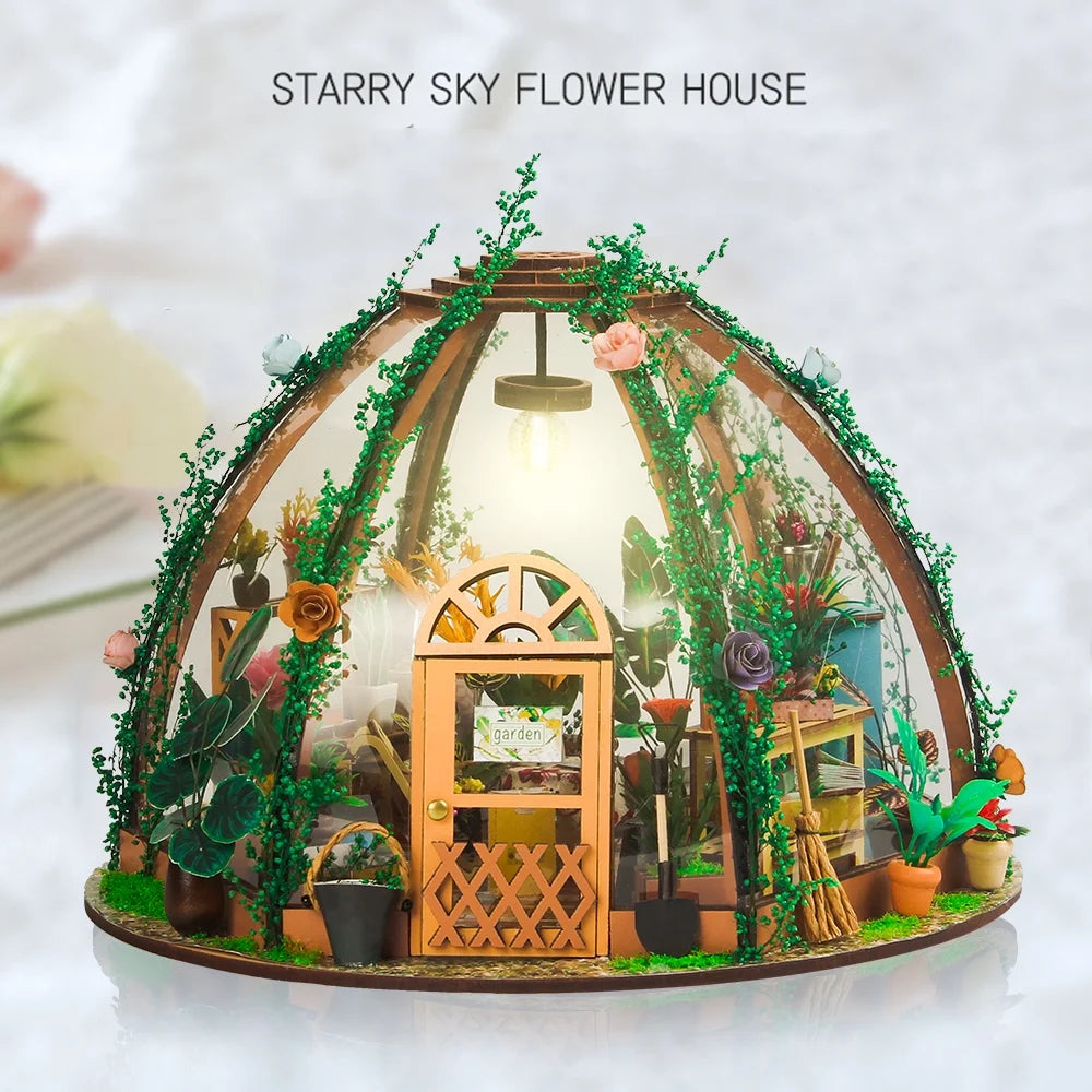 DIY Miniature Dollhouse Kit Wooden Flower Green House E62691