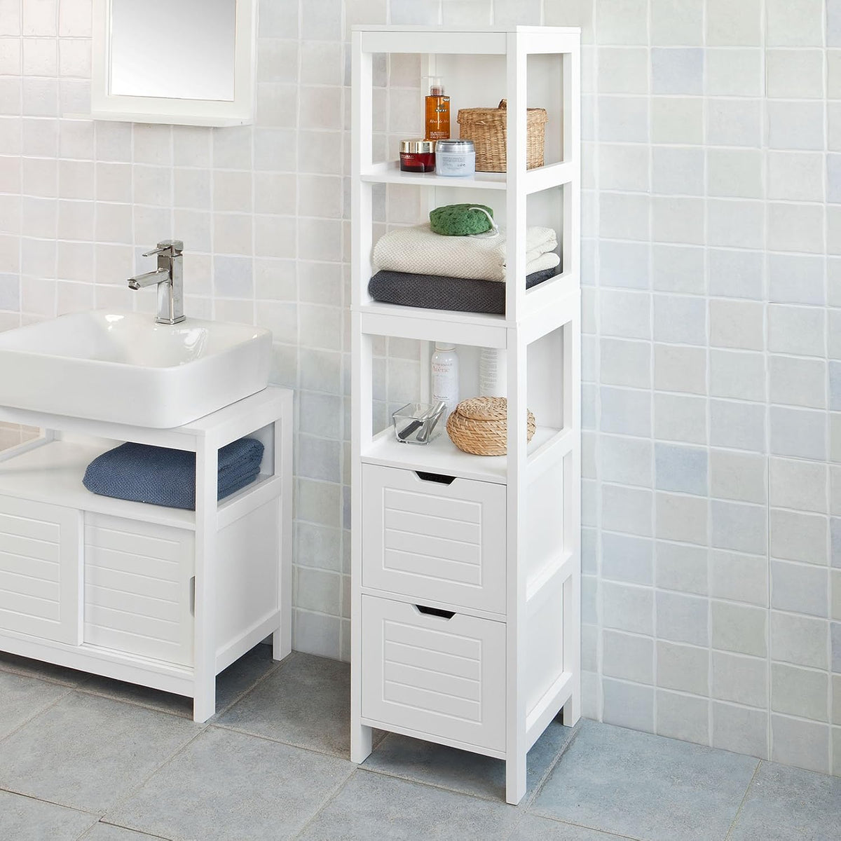 White Floor Standing Bathroom Storage Cabinet with Shelves and Door X954344