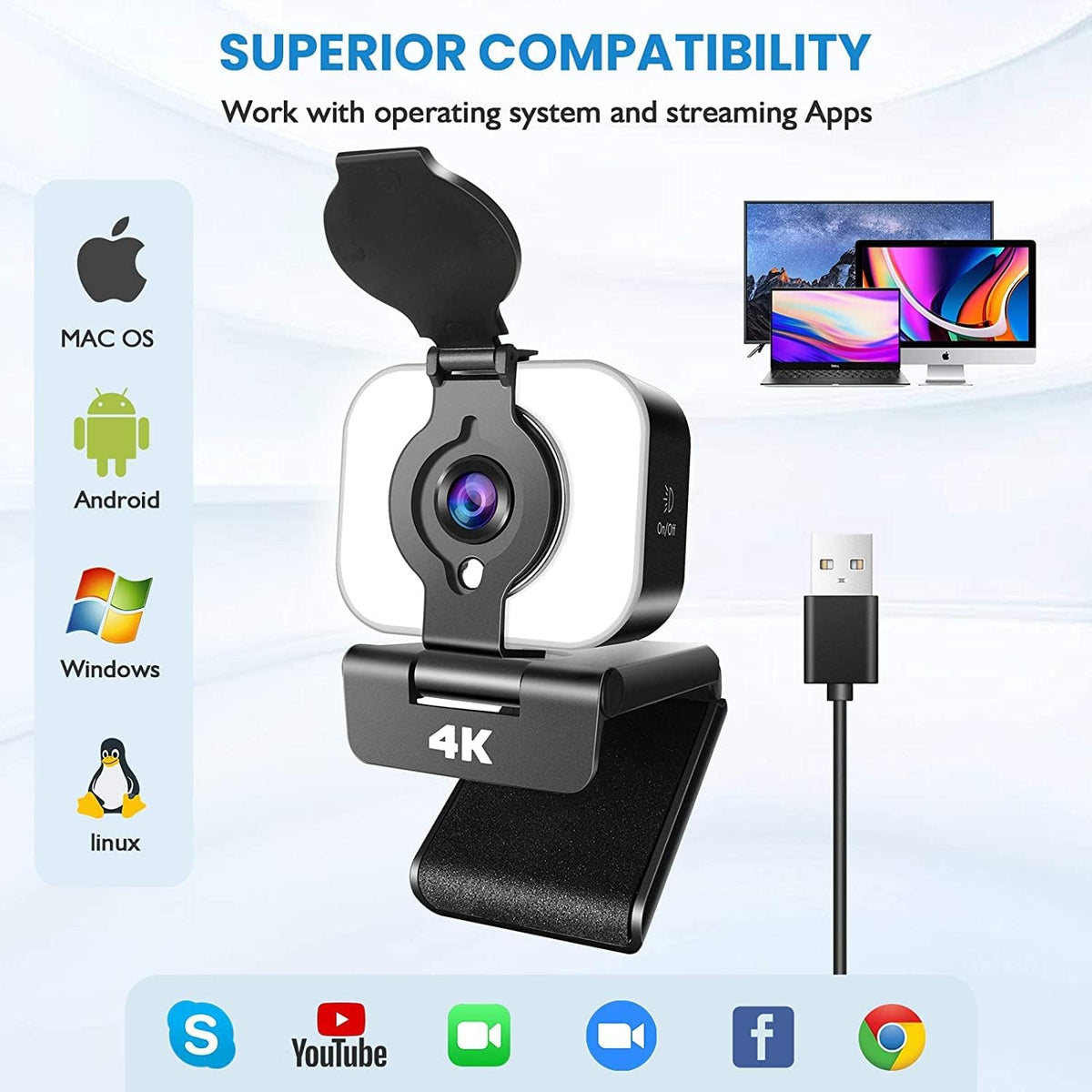 4K Webcam with Light, AutoFocus, Privacy Cover, USB Web Camera, Dual Stereo Microphone, Pack of 2 M213223