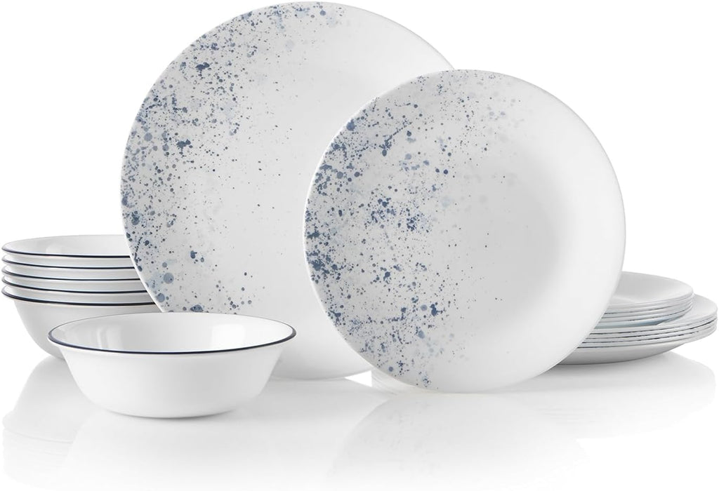 18-Piece Dinnerware Set, Indigo Speckle, 4-Pc Versa Bowls, 30-Oz Compact Stack Bowl Set, White R211583