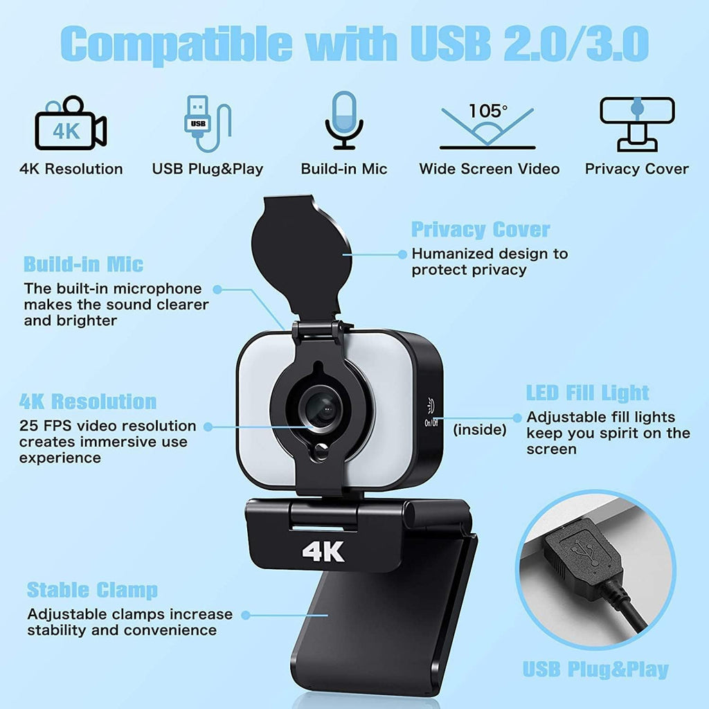 4K Webcam with Light, AutoFocus, Privacy Cover, USB Web Camera, Dual Stereo Microphone, Pack of 2 M213223