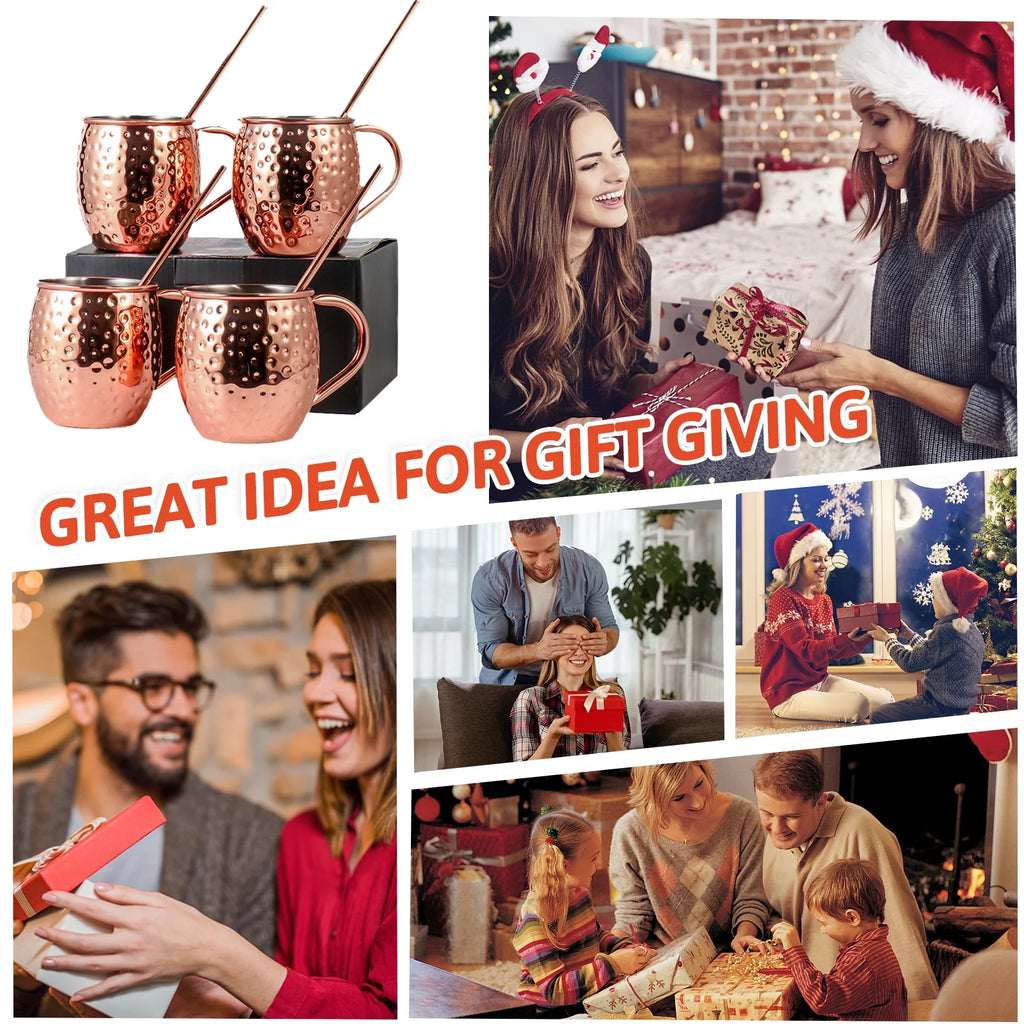 Copper Mugs Set, 18 Stainless Steel Drinking Cup, 4 Cocktail Copper Straws P632