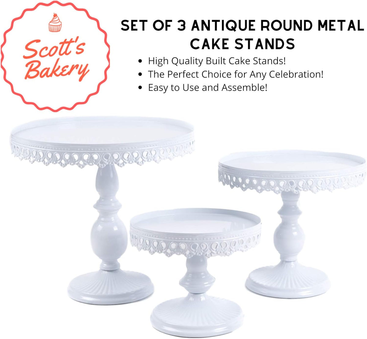 Set of 3 Antique Round Metal Cake Stands 12, 10, 8 Inch White O7417