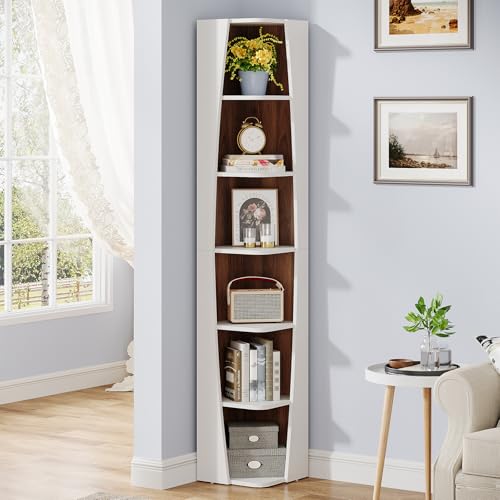White and Walnut 6-Tier Corner Bookcase H3267
