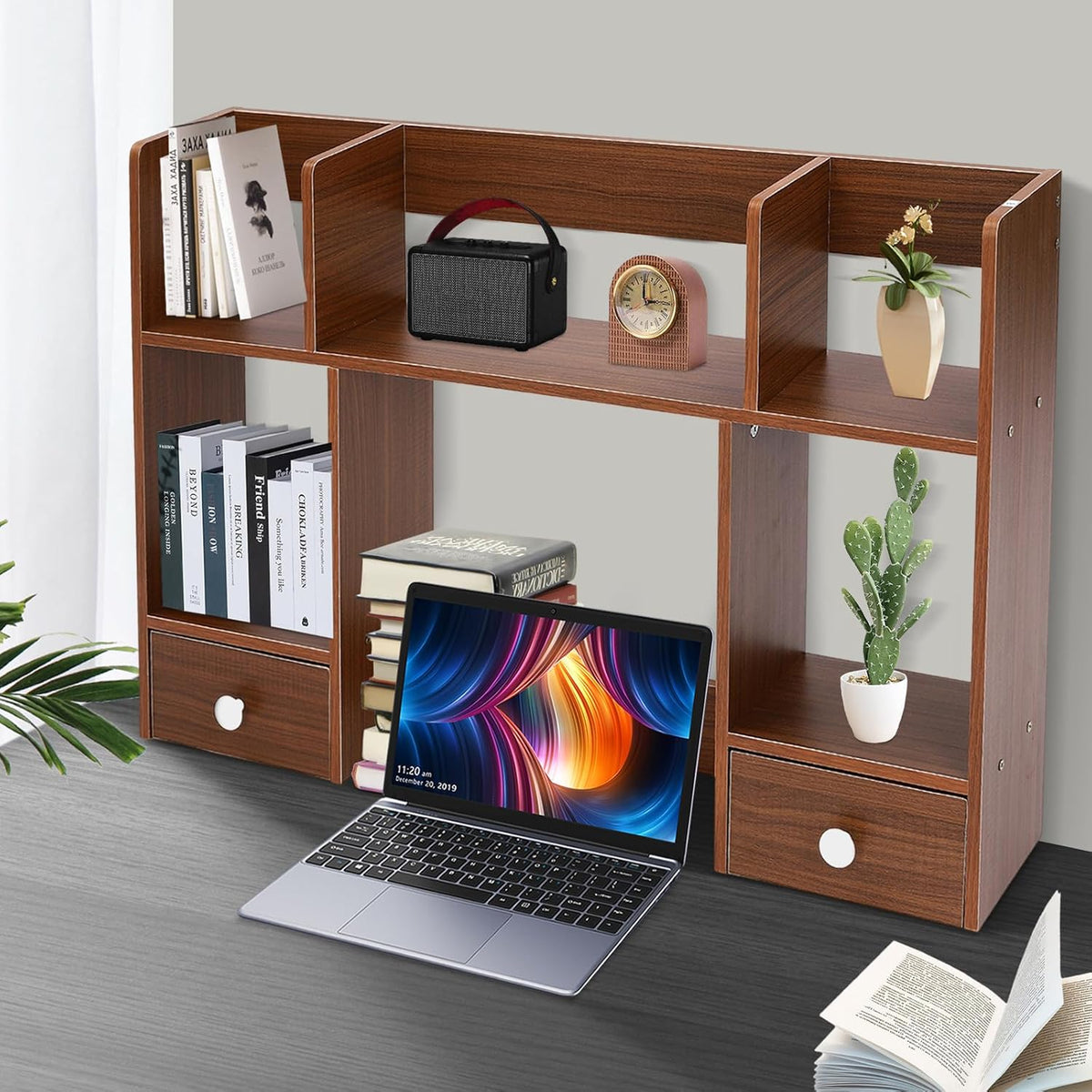 Dark Walnut Wood Desk Hutch with 2 Drawers X849