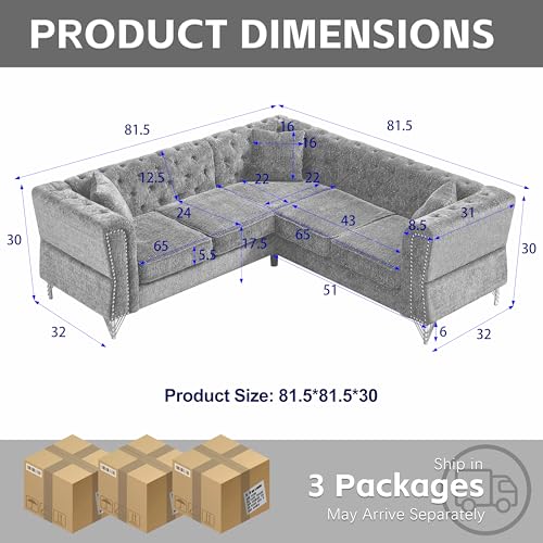 81.5" Chenille L-Shaped 5-Seater Sectional Sofa with 3 Cushions (Gray) G254546