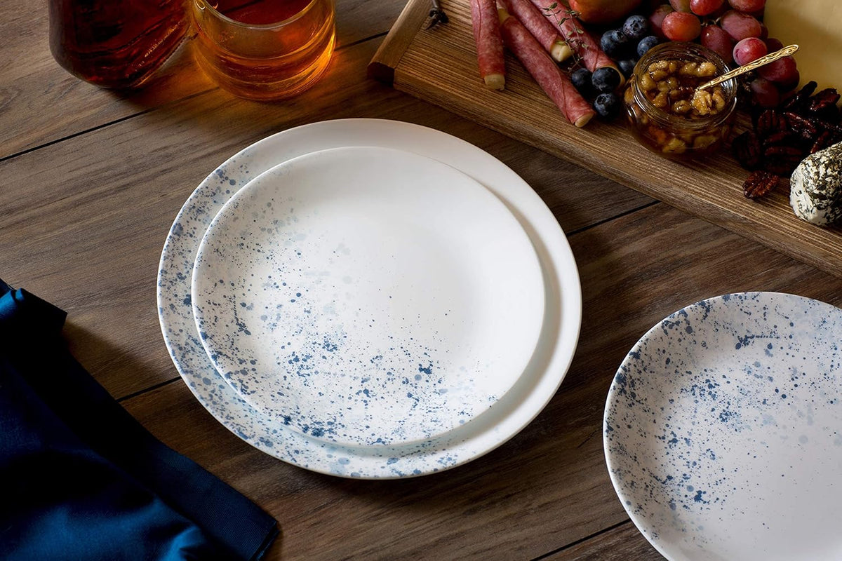 18-Piece Dinnerware Set, Indigo Speckle, 4-Pc Versa Bowls, 30-Oz Compact Stack Bowl Set, White R211583