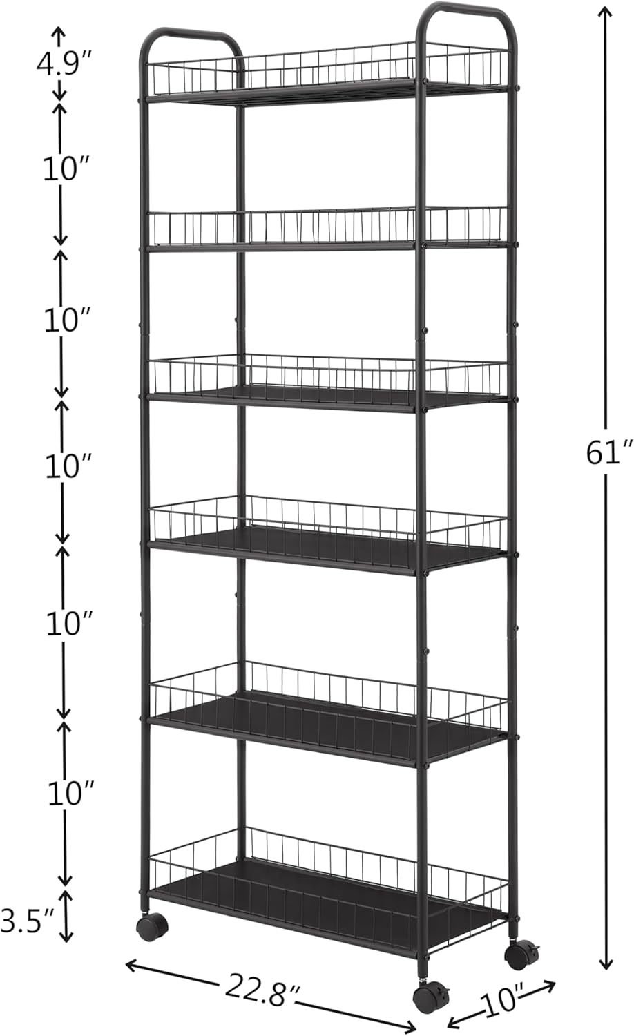 Black 6 Tier Metal Wire Rolling Storage Cart with Wheels T663