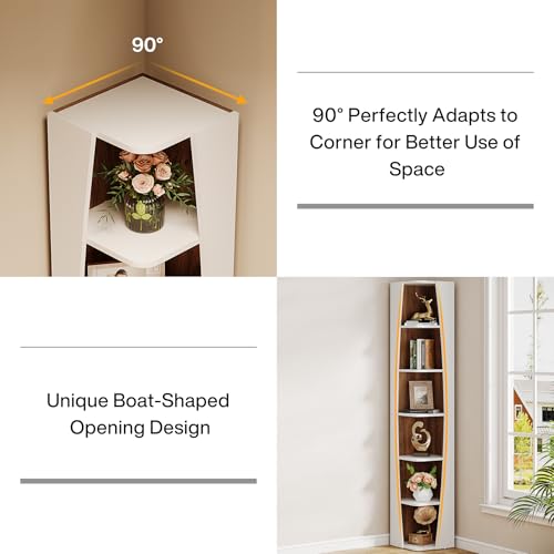 White and Walnut 6-Tier Corner Bookcase H3267