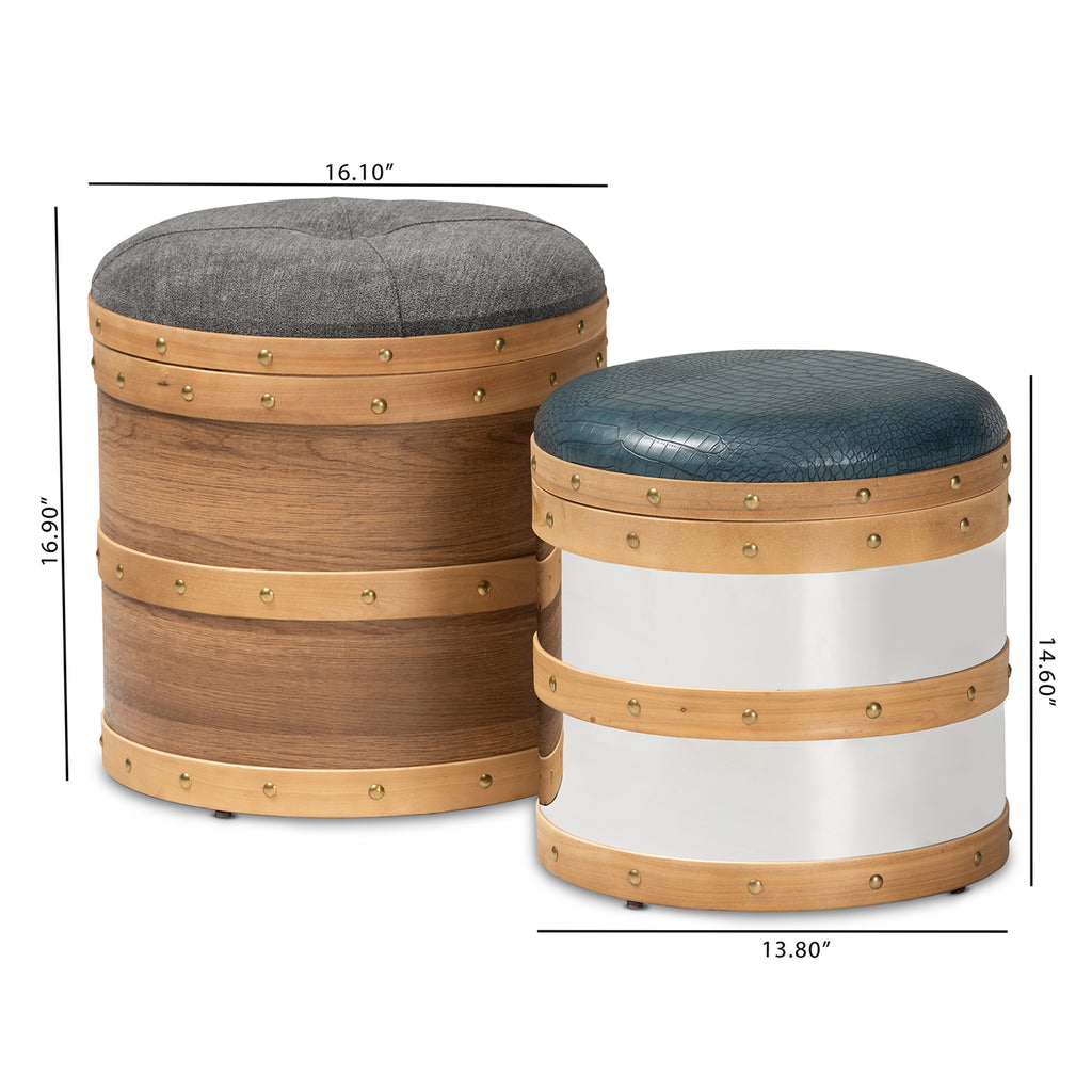 Grey Fabric and Blue Alligator Faux Leather 2-Piece Wood and Metal Storage Ottoman Set Z5835