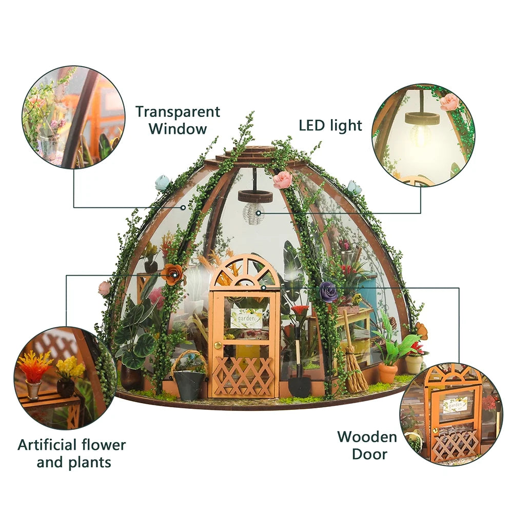 DIY Miniature Dollhouse Kit Wooden Flower Green House E62691