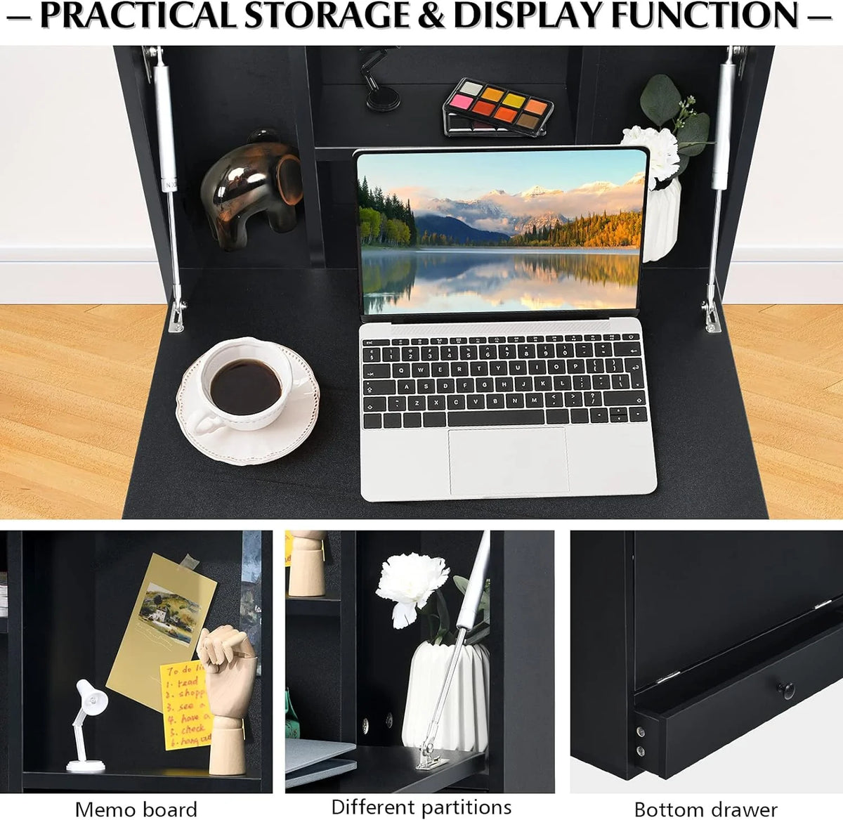 Wall-Mounted Computer Desk with Storage Drawer & Shelves Black P85843