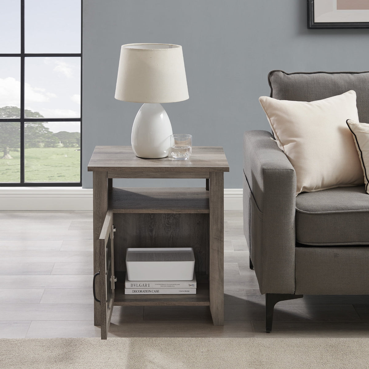 Grey Wash Glass Door Accent Table A305