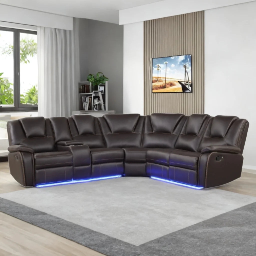 Brown Faux Leather Manual Reclining Sofa with Center Console T61511