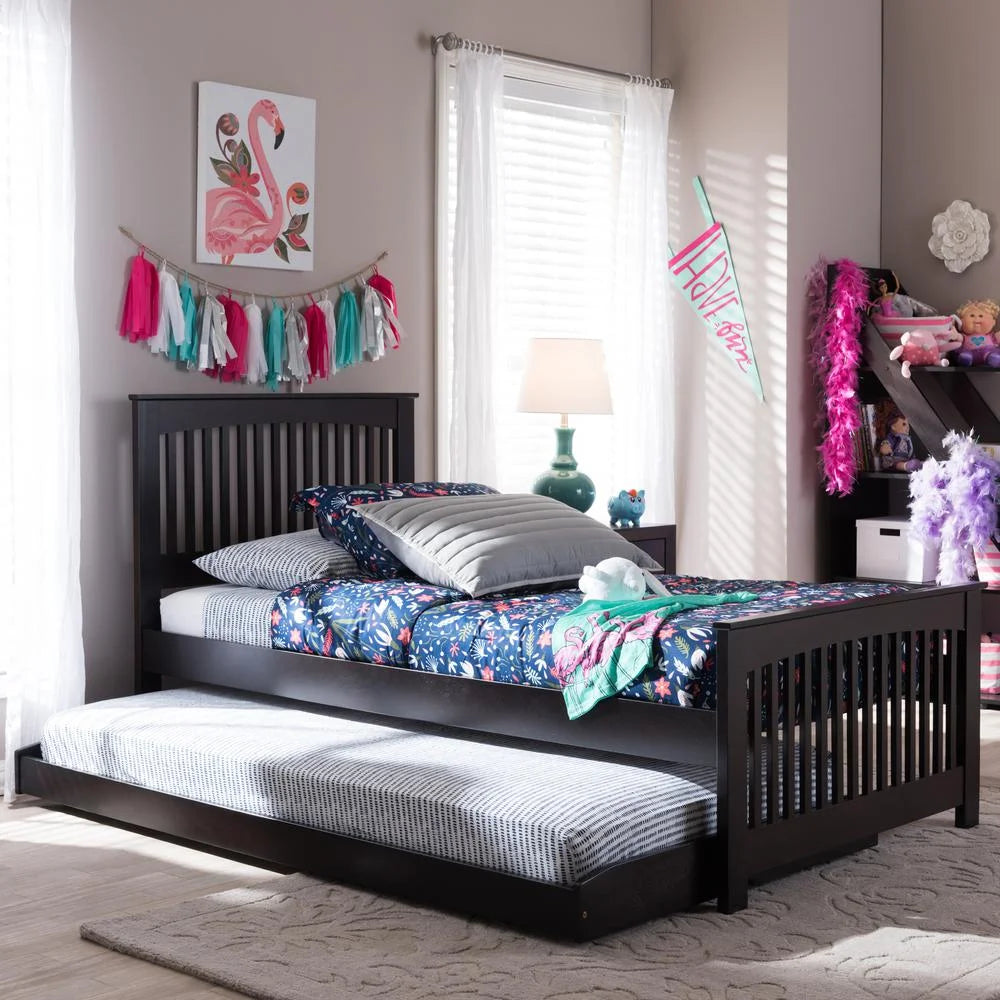 Twin Dark Brown Solid Wood Platform Bed with Trundle O376156