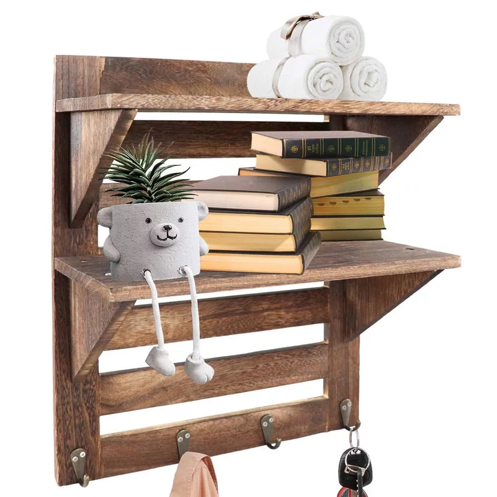 Rustic Wooden 2-Tier Wall Mounted Shelves with 4 Hooks X596695