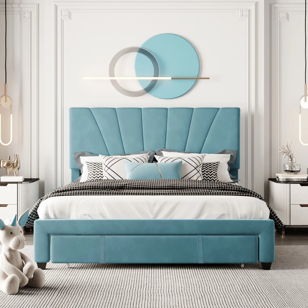 Queen Velvet Upholstered Platform Bed Frame with Drawer P635