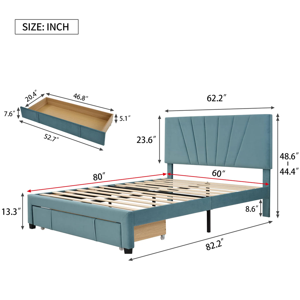 Queen Velvet Upholstered Platform Bed Frame with Drawer P635