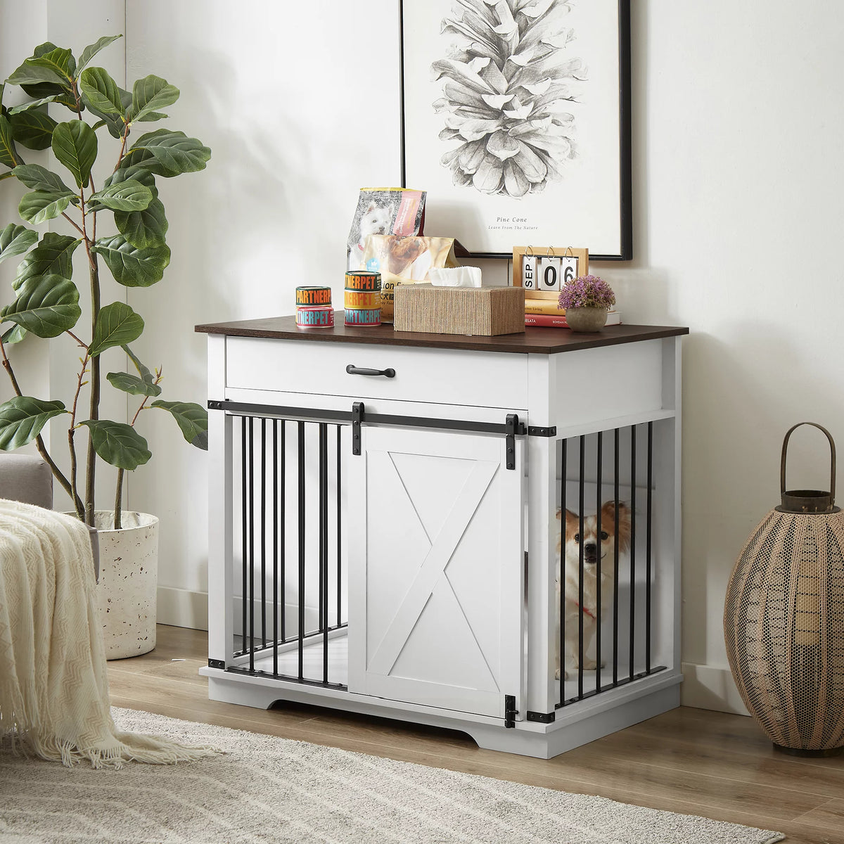 White Wooden Dog Crate with Sliding Barn Door D150785