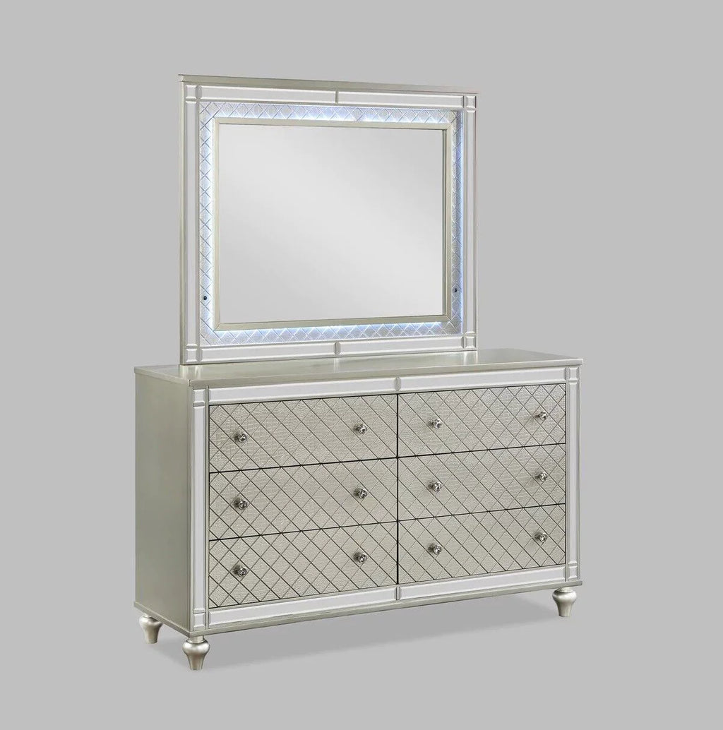 6pc Queen Size Upholstery LED Bed Dresser Mirror Nightstand Chest Wooden Bedroom Furniture Set M6734