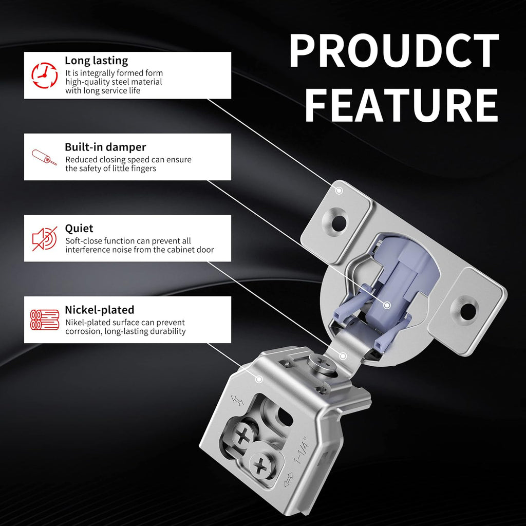 Soft Close Cabinet Hinges 40 Pack 1-1/4 inch Overlay 105 Degree 3-Way Adjustment Concealed with Screws S65912