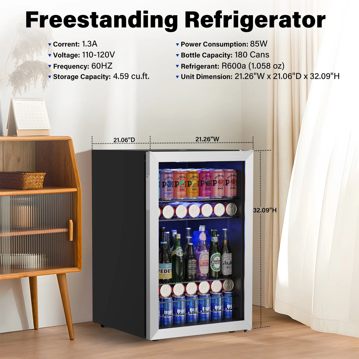 141-180 Can Freestanding Mini Beverage Refrigerator with Glass Door J2684