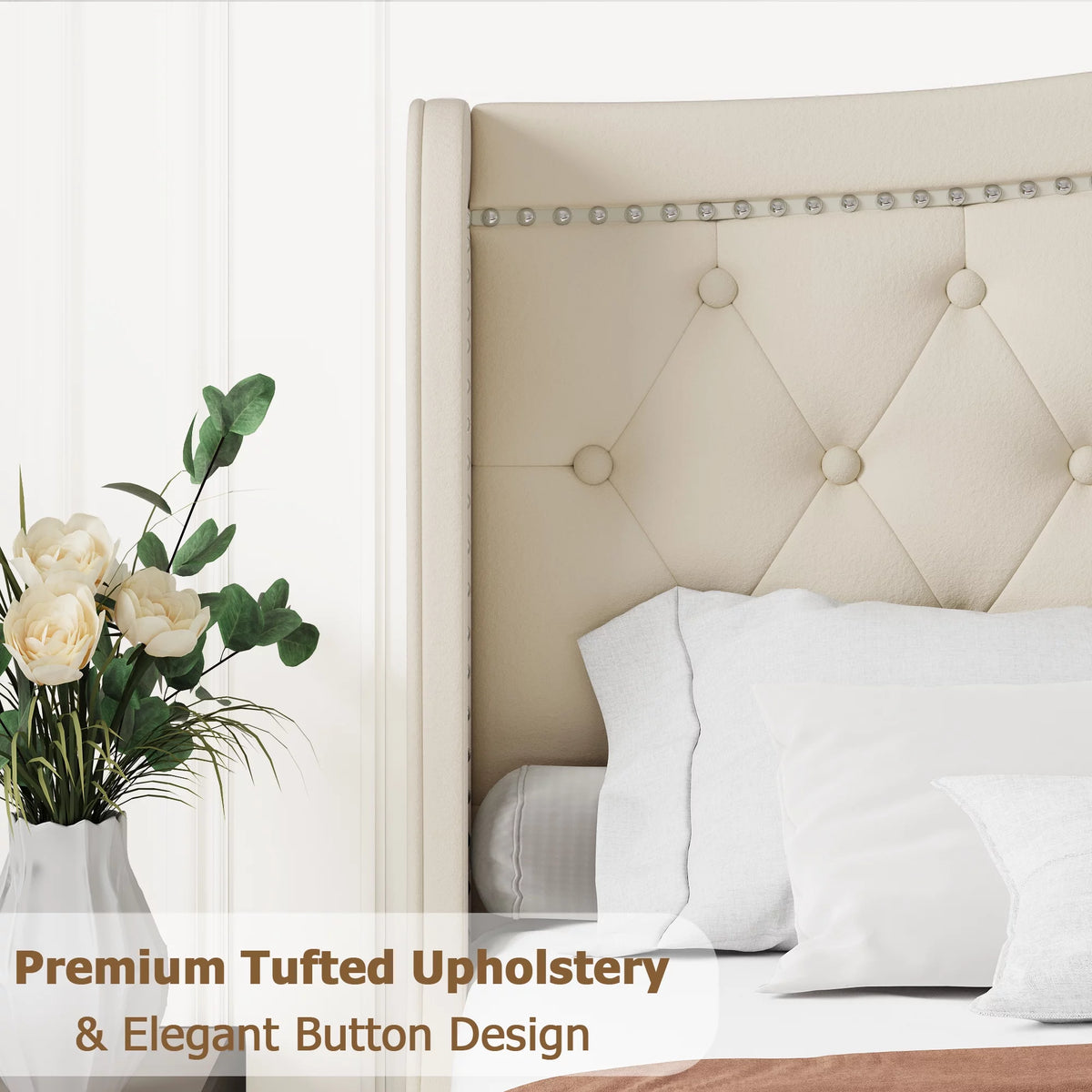 King Bed Frame with Wing-Back Button Tufted Upholstered Headboard S770