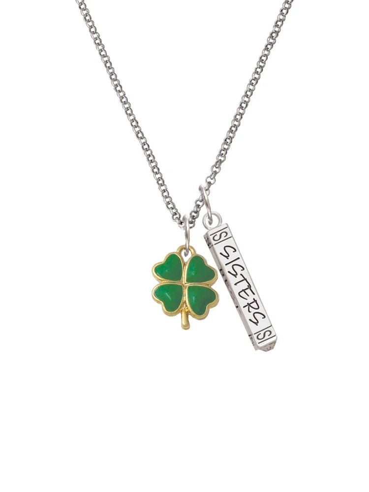 Goldtone Opaque Green Four Leaf Clover Silvertone Bar Charm Necklace, 23" R15383