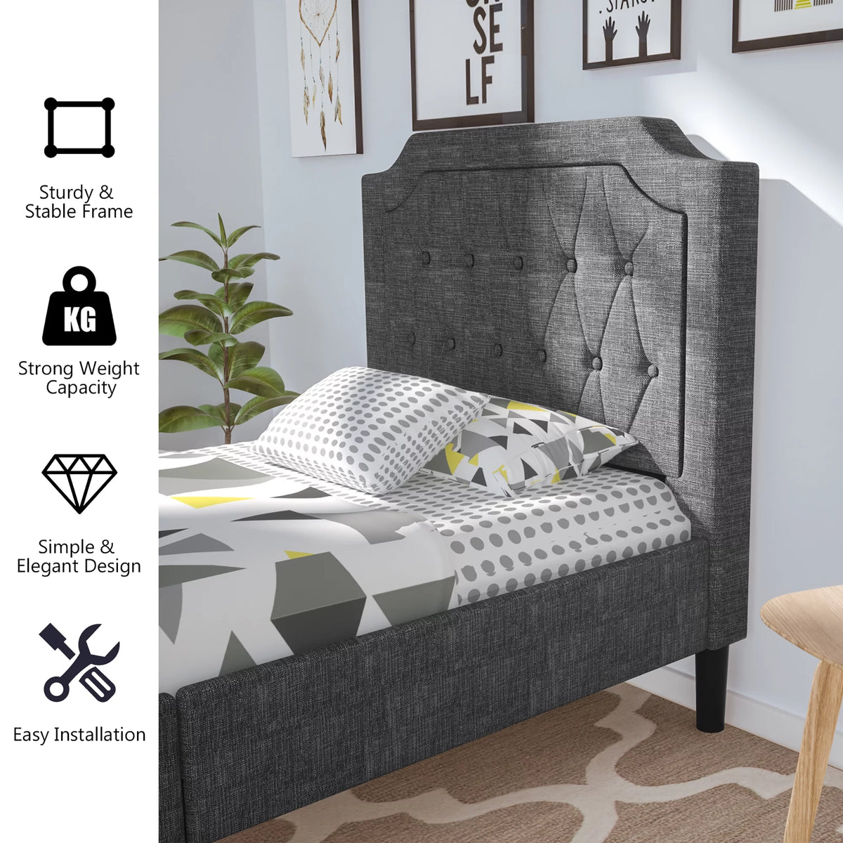 Twin Upholstered Platform Bed Frame with Linen Headboard, Grey K867935