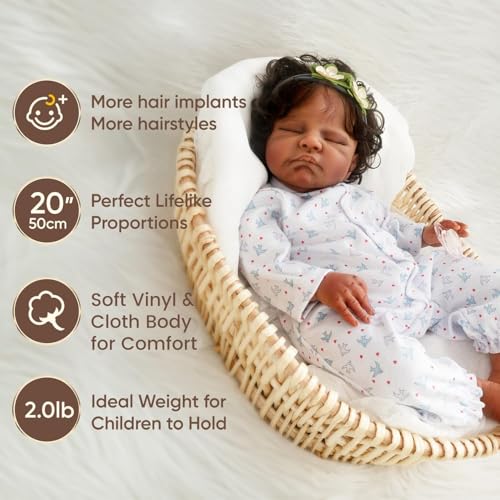 Black 20-Inch Sleeping Newborn Baby Dolls with Weighted Cloth Body and Curly Hair F79115