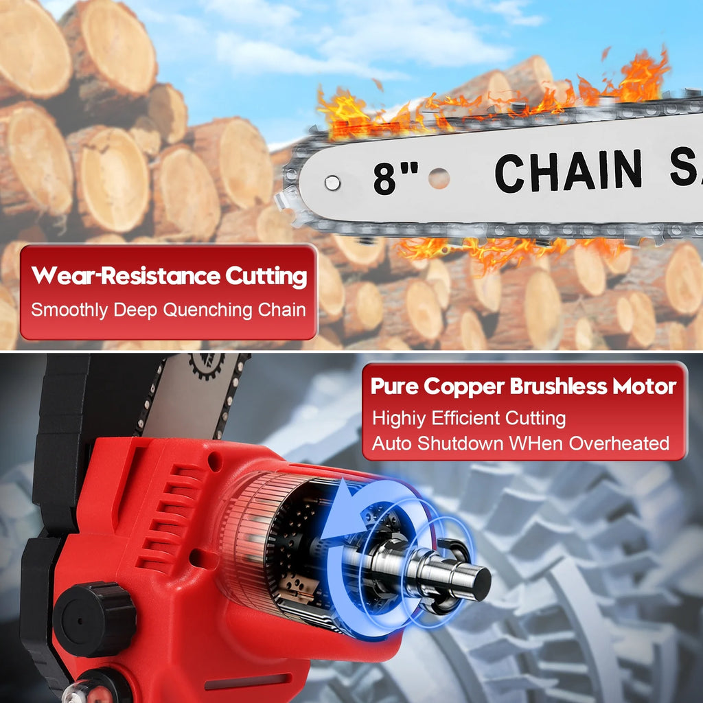 8 inch Cordless Mini Chainsaw with 2 Chains and 3.0Ah Battery G50374