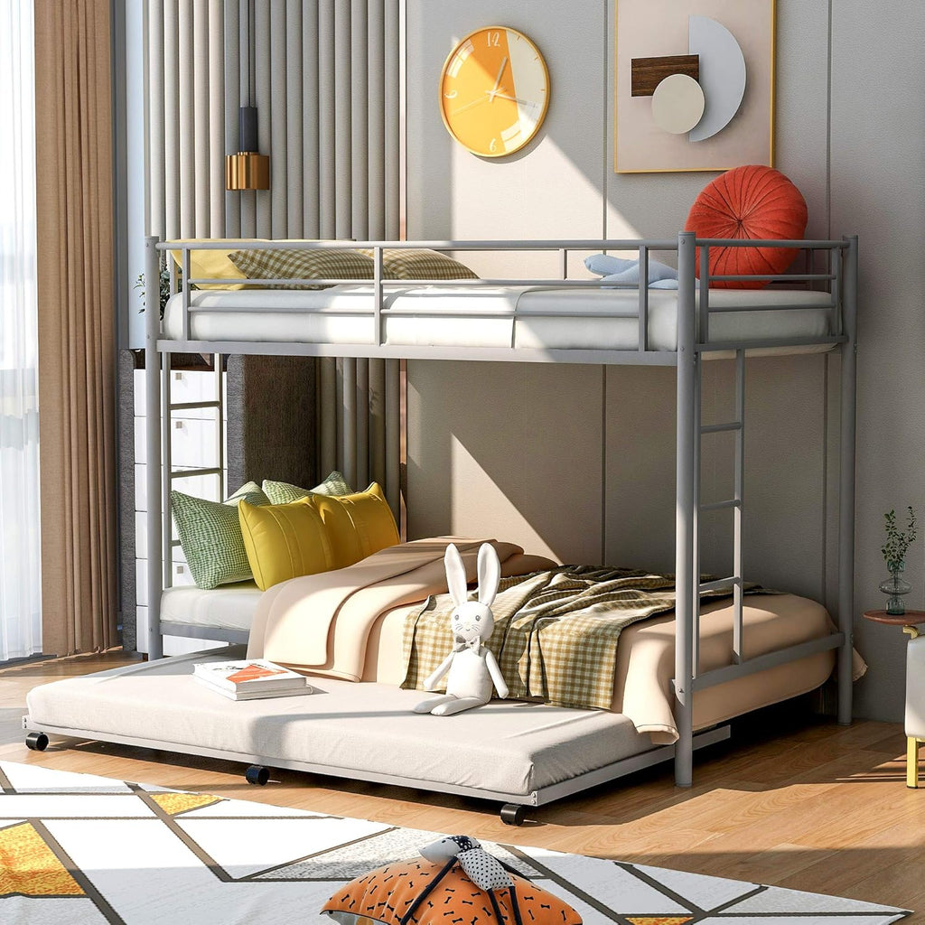 Twin Over Twin Metal Bunk Bed with Trundle and 2 Ladders (White) R77112