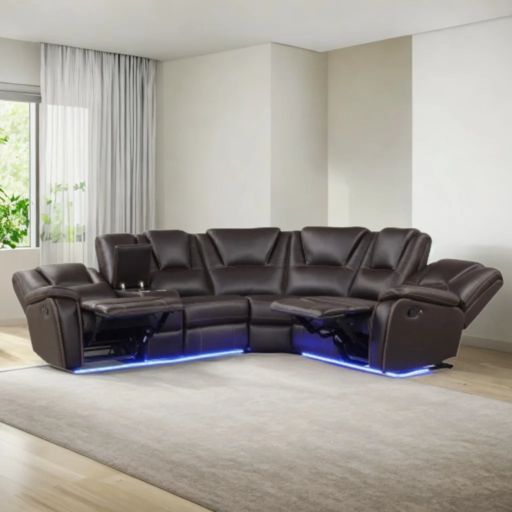 Brown Faux Leather Manual Reclining Sofa with Center Console T61511