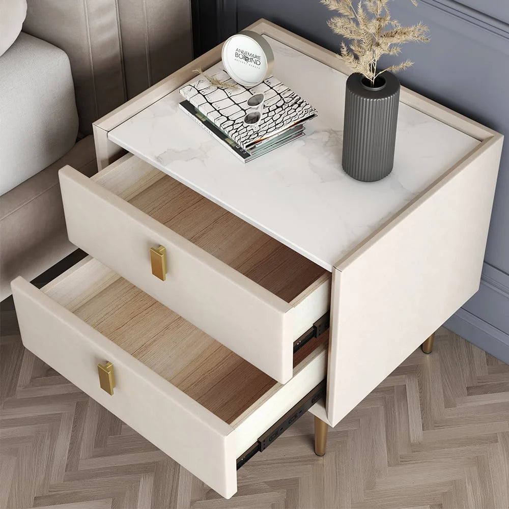 Modern 2 Drawers PU Leather Nightstand with Gold Metal Legs S1921