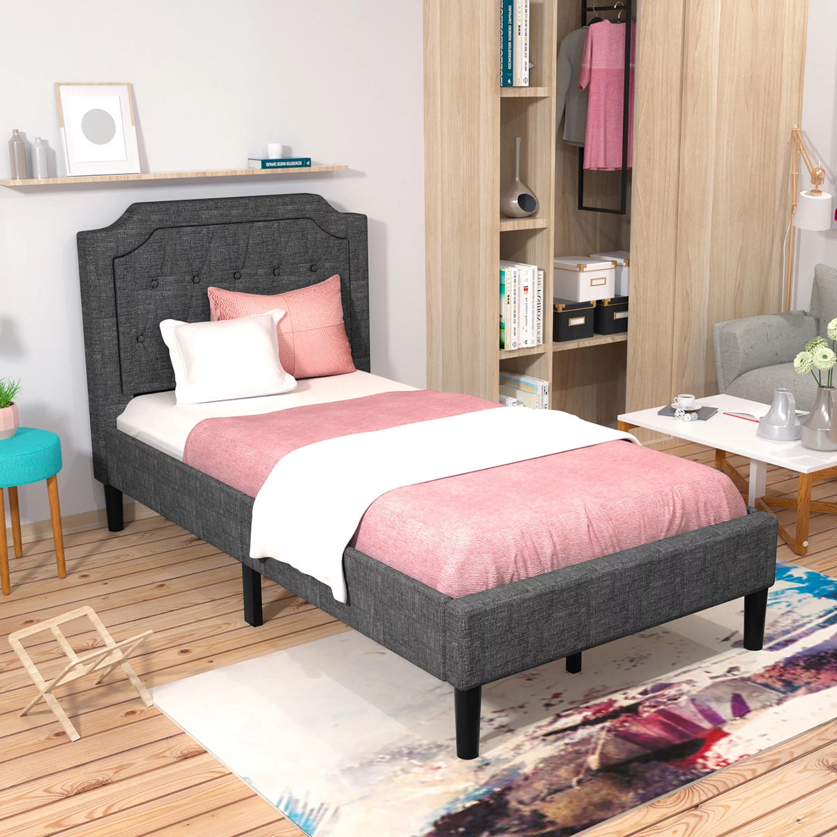 Twin Upholstered Platform Bed Frame with Linen Headboard, Grey K867935